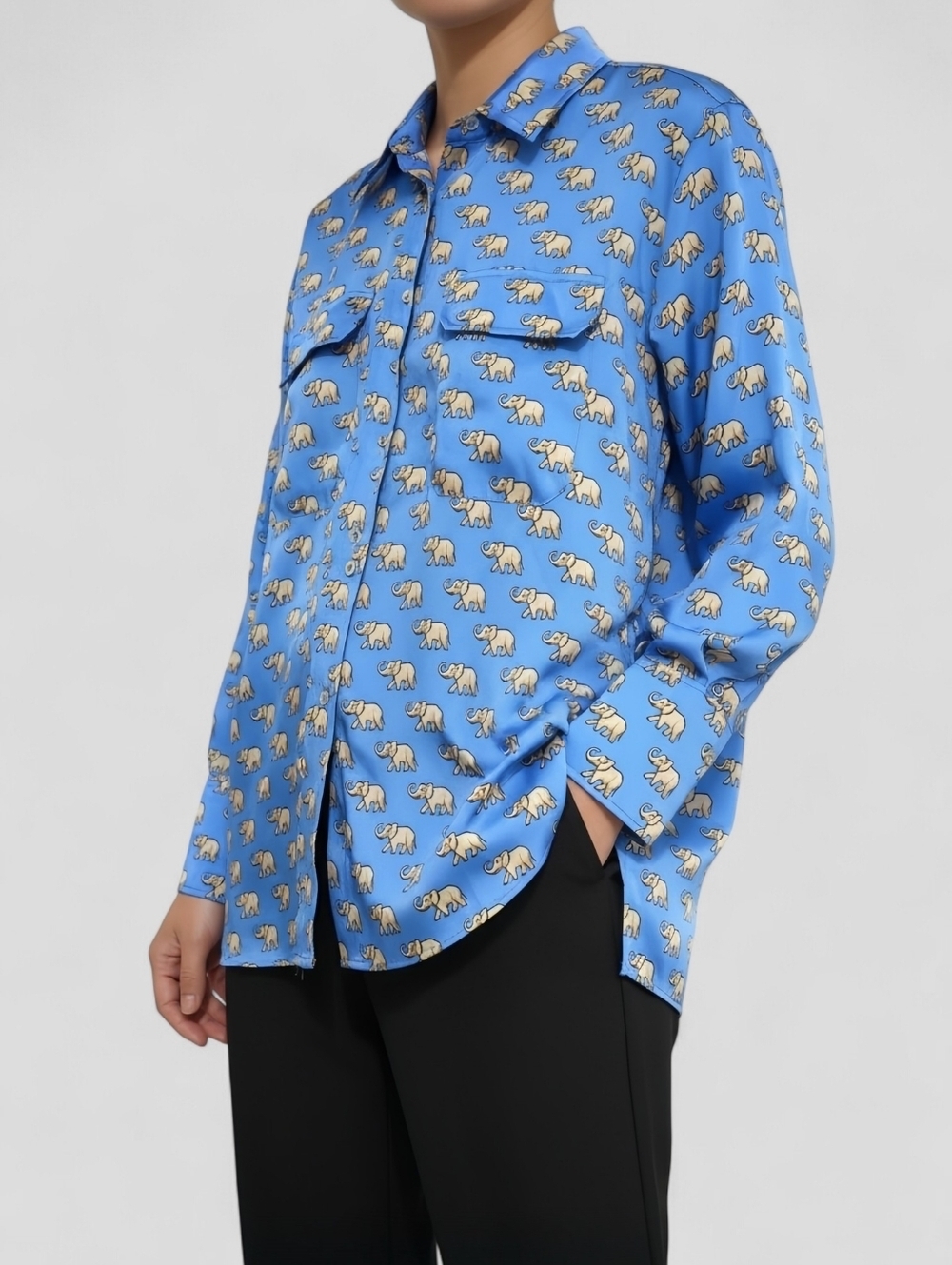 Zara Blue Elephant Print Satin Button Up Shirt Size S Relaxed Fit Novelty Blouse